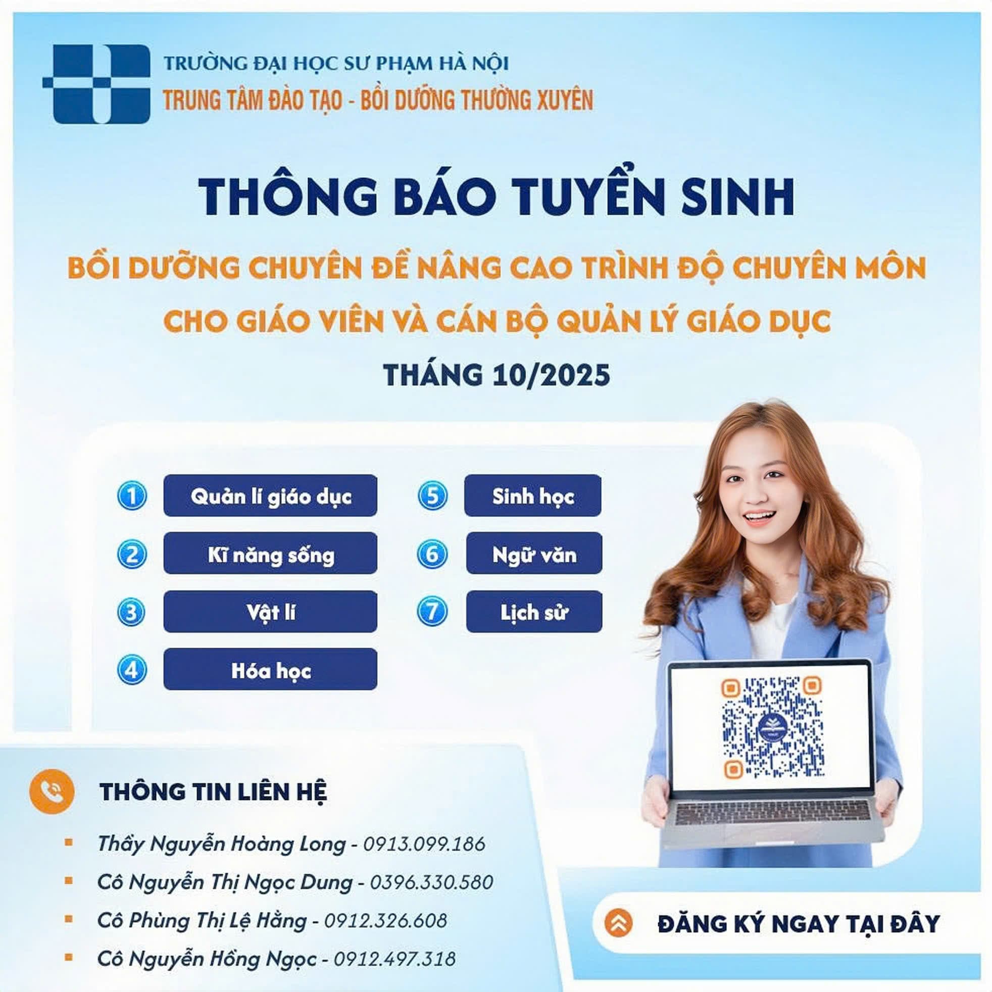 Thông báo tuyển sinh bồi dưỡng chuyên đề nâng cao trình độ chuyên môn cho giáo viên và cán bộ quản lý giáo dục (Trực tuyến qua Zoom)